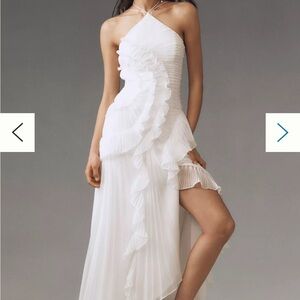 AMUR Lorelie Halter Pleated Ruffled Gown